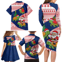 Panama Christmas Family Matching Long Sleeve Bodycon Dress and Hawaiian Shirt with Santa Claus Sea Turtles Holiday Tree and Red Blue Pattern Design - Wonder Print Shop