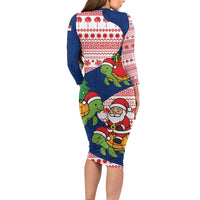 Panama Christmas Family Matching Long Sleeve Bodycon Dress and Hawaiian Shirt with Santa Claus Sea Turtles Holiday Tree and Red Blue Pattern Design - Wonder Print Shop
