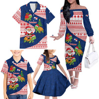 Panama Christmas Family Matching Off The Shoulder Long Sleeve Dress and Hawaiian Shirt with Santa Claus Sea Turtles Holiday Tree and Red Blue Pattern Design - Wonder Print Shop