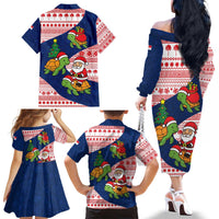 Panama Christmas Family Matching Off The Shoulder Long Sleeve Dress and Hawaiian Shirt with Santa Claus Sea Turtles Holiday Tree and Red Blue Pattern Design - Wonder Print Shop