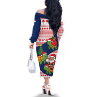 Panama Christmas Family Matching Off The Shoulder Long Sleeve Dress and Hawaiian Shirt with Santa Claus Sea Turtles Holiday Tree and Red Blue Pattern Design - Wonder Print Shop