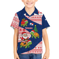 Panama Christmas Family Matching Off The Shoulder Long Sleeve Dress and Hawaiian Shirt with Santa Claus Sea Turtles Holiday Tree and Red Blue Pattern Design - Wonder Print Shop