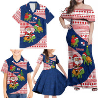 Panama Christmas Family Matching Off Shoulder Maxi Dress and Hawaiian Shirt with Santa Claus Sea Turtles Holiday Tree and Red Blue Pattern Design - Wonder Print Shop
