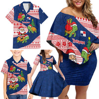 Panama Christmas Family Matching Off Shoulder Short Dress and Hawaiian Shirt with Santa Claus Sea Turtles Holiday Tree and Red Blue Pattern Design - Wonder Print Shop