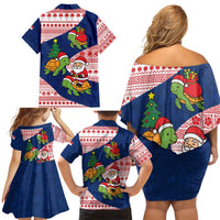 Panama Christmas Family Matching Off Shoulder Short Dress and Hawaiian Shirt with Santa Claus Sea Turtles Holiday Tree and Red Blue Pattern Design - Wonder Print Shop