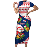 Panama Christmas Family Matching Short Sleeve Bodycon Dress and Hawaiian Shirt with Santa Claus Sea Turtles Holiday Tree and Red Blue Pattern Design - Wonder Print Shop