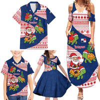 Panama Christmas Family Matching Summer Maxi Dress and Hawaiian Shirt with Santa Claus Sea Turtles Holiday Tree and Red Blue Pattern Design - Wonder Print Shop