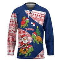 Panama Christmas Hockey Jersey with Santa Claus Sea Turtles Holiday Tree and Red Blue Pattern Design - Wonder Print Shop