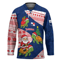 Panama Christmas Hockey Jersey with Santa Claus Sea Turtles Holiday Tree and Red Blue Pattern Design - Wonder Print Shop