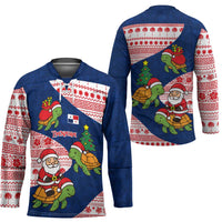 Panama Christmas Hockey Jersey with Santa Claus Sea Turtles Holiday Tree and Red Blue Pattern Design - Wonder Print Shop