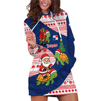 Panama Christmas Hoodie Dress with Santa Claus Sea Turtles Holiday Tree and Red Blue Pattern Design - Wonder Print Shop