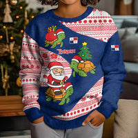 Panama Christmas Kid Ugly Christmas Sweater with Santa Claus Sea Turtles Holiday Tree and Red Blue Pattern Design - Wonder Print Shop