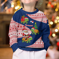 Panama Christmas Kid Ugly Christmas Sweater with Santa Claus Sea Turtles Holiday Tree and Red Blue Pattern Design - Wonder Print Shop
