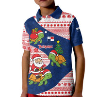 Panama Christmas Kid Polo Shirt with Santa Claus Sea Turtles Holiday Tree and Red Blue Pattern Design - Wonder Print Shop