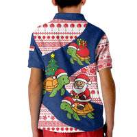 Panama Christmas Kid Polo Shirt with Santa Claus Sea Turtles Holiday Tree and Red Blue Pattern Design - Wonder Print Shop