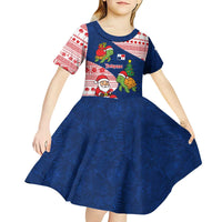 Panama Christmas Kid Short Sleeve Dress with Santa Claus Sea Turtles Holiday Tree and Red Blue Pattern Design - Wonder Print Shop