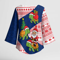Panama Christmas Kimono Sleeve Blouse with Santa Claus Sea Turtles Holiday Tree and Red Blue Pattern Design - Wonder Print Shop