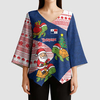 Panama Christmas Kimono Sleeve Blouse with Santa Claus Sea Turtles Holiday Tree and Red Blue Pattern Design - Wonder Print Shop