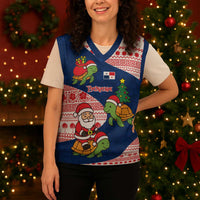 Panama Christmas Knitted V-Neck Vest with Santa Claus Sea Turtles Holiday Tree and Red Blue Pattern Design - Wonder Print Shop
