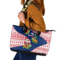 Panama Christmas Leather Tote Bag with Santa Claus Sea Turtles Holiday Tree and Red Blue Pattern Design - Wonder Print Shop