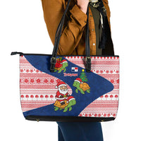 Panama Christmas Leather Tote Bag with Santa Claus Sea Turtles Holiday Tree and Red Blue Pattern Design - Wonder Print Shop