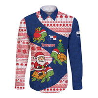 Panama Christmas Long Sleeve Button Shirt with Santa Claus Sea Turtles Holiday Tree and Red Blue Pattern Design - Wonder Print Shop