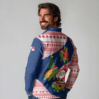 Panama Christmas Long Sleeve Polo Shirt with Santa Claus Sea Turtles Holiday Tree and Red Blue Pattern Design - Wonder Print Shop