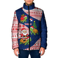 Panama Christmas Padded Jacket with Santa Claus Sea Turtles Holiday Tree and Red Blue Pattern Design - Wonder Print Shop