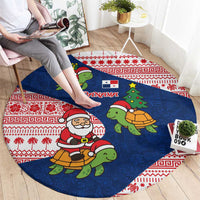 Panama Christmas Round Carpet with Santa Claus Sea Turtles Holiday Tree and Red Blue Pattern Design - Wonder Print Shop