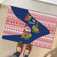 Panama Christmas Rubber Doormat with Santa Claus Sea Turtles Holiday Tree and Red Blue Pattern Design - Wonder Print Shop