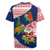 Panama Christmas Rugby Jersey with Santa Claus Sea Turtles Holiday Tree and Red Blue Pattern Design - Wonder Print Shop