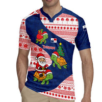 Panama Christmas Rugby Jersey with Santa Claus Sea Turtles Holiday Tree and Red Blue Pattern Design - Wonder Print Shop