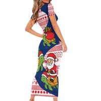 Panama Christmas Short Sleeve Bodycon Dress with Santa Claus Sea Turtles Holiday Tree and Red Blue Pattern Design - Wonder Print Shop