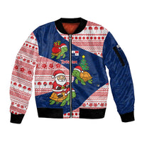Panama Christmas Sleeve Zip Bomber Jacket with Santa Claus Sea Turtles Holiday Tree and Red Blue Pattern Design - Wonder Print Shop