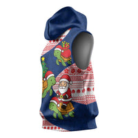 Panama Christmas Sleeveless Hoodie with Santa Claus Sea Turtles Holiday Tree and Red Blue Pattern Design - Wonder Print Shop