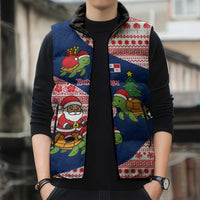 Panama Christmas Sleeveless Puffer Jacket with Santa Claus Sea Turtles Holiday Tree and Red Blue Pattern Design - Wonder Print Shop
