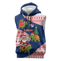 Panama Christmas Sleeveless Zip Hoodie with Santa Claus Sea Turtles Holiday Tree and Red Blue Pattern Design - Wonder Print Shop