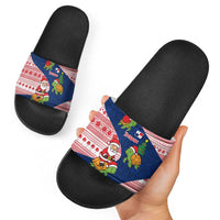 Panama Christmas Slide Sandals with Santa Claus Sea Turtles Holiday Tree and Red Blue Pattern Design - Wonder Print Shop