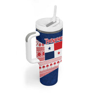 Panama Christmas Tumbler With Handle with Santa Claus Sea Turtles Holiday Tree and Red Blue Pattern Design - Wonder Print Shop