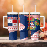 Panama Christmas Tumbler With Handle with Santa Claus Sea Turtles Holiday Tree and Red Blue Pattern Design - Wonder Print Shop