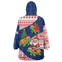Panama Christmas Wearable Blanket Hoodie with Santa Claus Sea Turtles Holiday Tree and Red Blue Pattern Design - Wonder Print Shop