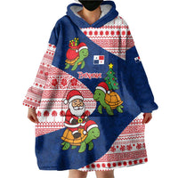 Panama Christmas Wearable Blanket Hoodie with Santa Claus Sea Turtles Holiday Tree and Red Blue Pattern Design - Wonder Print Shop
