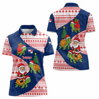 Panama Christmas Women Polo Shirt with Santa Claus Sea Turtles Holiday Tree and Red Blue Pattern Design - Wonder Print Shop