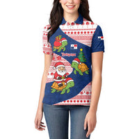 Panama Christmas Women Polo Shirt with Santa Claus Sea Turtles Holiday Tree and Red Blue Pattern Design - Wonder Print Shop