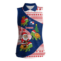 Panama Christmas Women Sleeveless Polo Shirt with Santa Claus Sea Turtles Holiday Tree and Red Blue Pattern Design - Wonder Print Shop