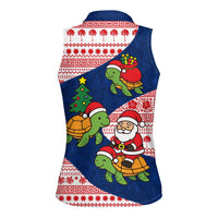 Panama Christmas Women Sleeveless Polo Shirt with Santa Claus Sea Turtles Holiday Tree and Red Blue Pattern Design - Wonder Print Shop