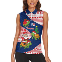 Panama Christmas Women Sleeveless Polo Shirt with Santa Claus Sea Turtles Holiday Tree and Red Blue Pattern Design - Wonder Print Shop