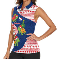 Panama Christmas Women Sleeveless Polo Shirt with Santa Claus Sea Turtles Holiday Tree and Red Blue Pattern Design - Wonder Print Shop