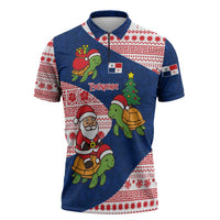 Panama Christmas Zipper Polo Shirt with Santa Claus Sea Turtles Holiday Tree and Red Blue Pattern Design - Wonder Print Shop
