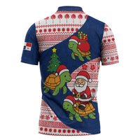 Panama Christmas Zipper Polo Shirt with Santa Claus Sea Turtles Holiday Tree and Red Blue Pattern Design - Wonder Print Shop